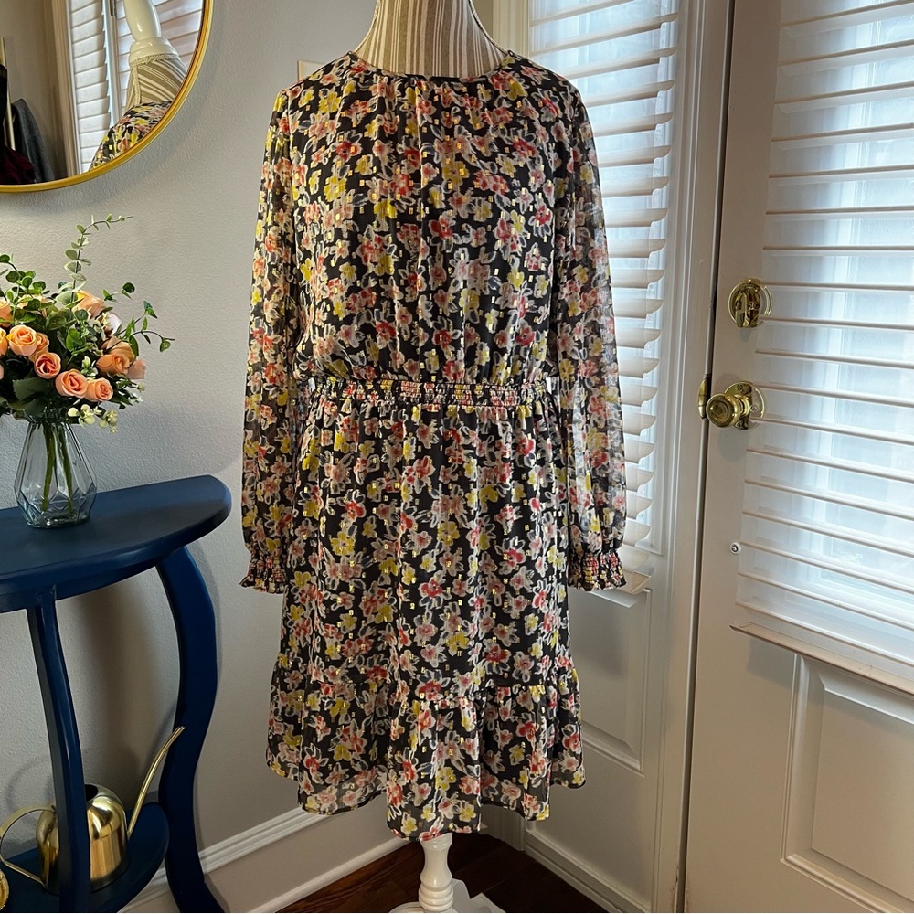 LOFT Gray and Gold Ruffled Mini Dress with Bishop Sleeves